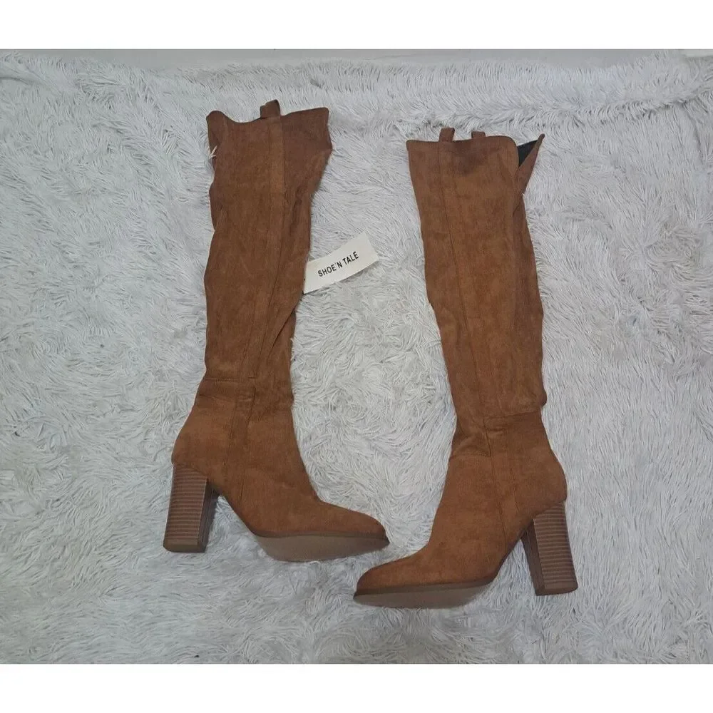 Shoe'N Tale Women Boots Brown Faux Suede Chunky‎ Heel Over The Knee Thigh High